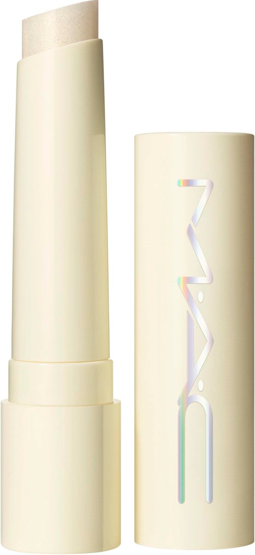 A cream-colored makeup stick with a cap, next to a matching cylindrical container with shiny text.