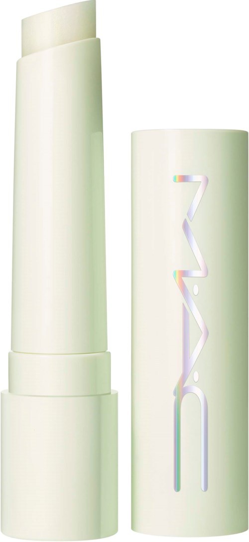 White cylindrical container with reflective holographic text and a cap, resembling a cosmetic or skincare product.