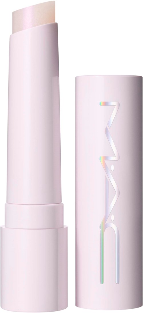 A white tube of makeup or cosmetic product with holographic text on the cap.
