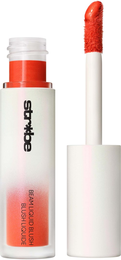 A lip gloss tube with a white base and red-orange color inside, with a brush applicator showing red-orange gloss.