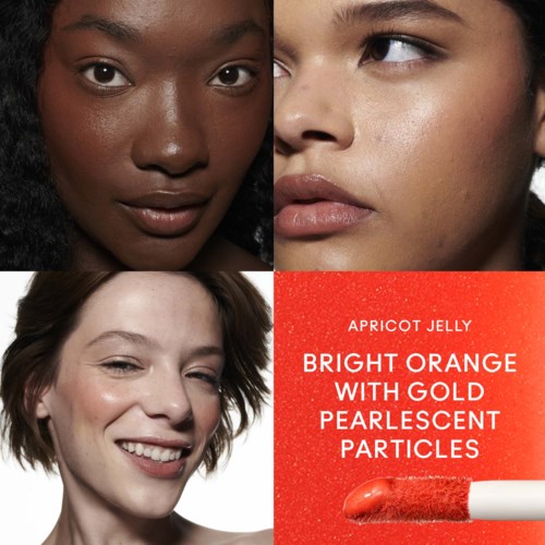 Three women with different skin tones and a red cosmetics product with gold sparkles and an orange lipstick.