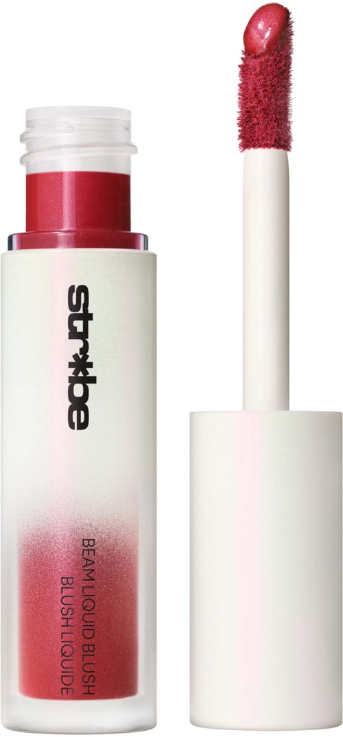 Lip gloss tube with an applicator brush showing pinkish-red color inside.