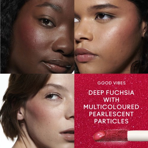 The image shows three women with different skin tones, highlighting diverse deep fuchsia lipstick shades with a product label.