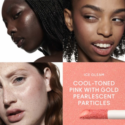 Close-up of three women with different skin tones and textures, showing diversity in beauty. The bottom right features a pink lip gloss tube.
