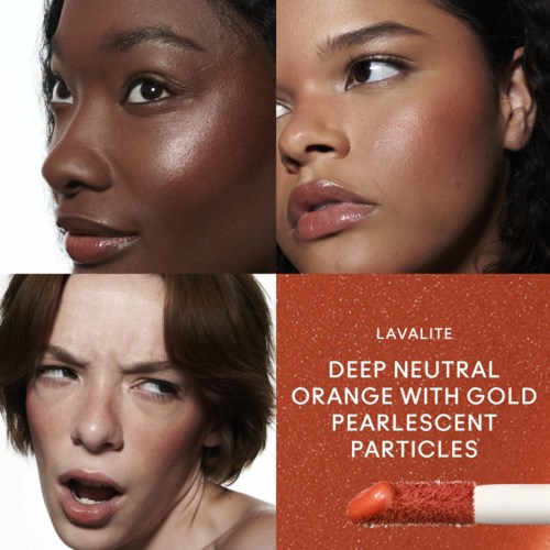 Three women with different skin tones and a makeup product description on a red background.
