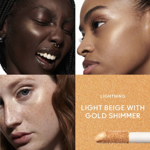 Four women's faces close-up, showing different skin tones, with a gloss container and text about light beige with gold shimmer.