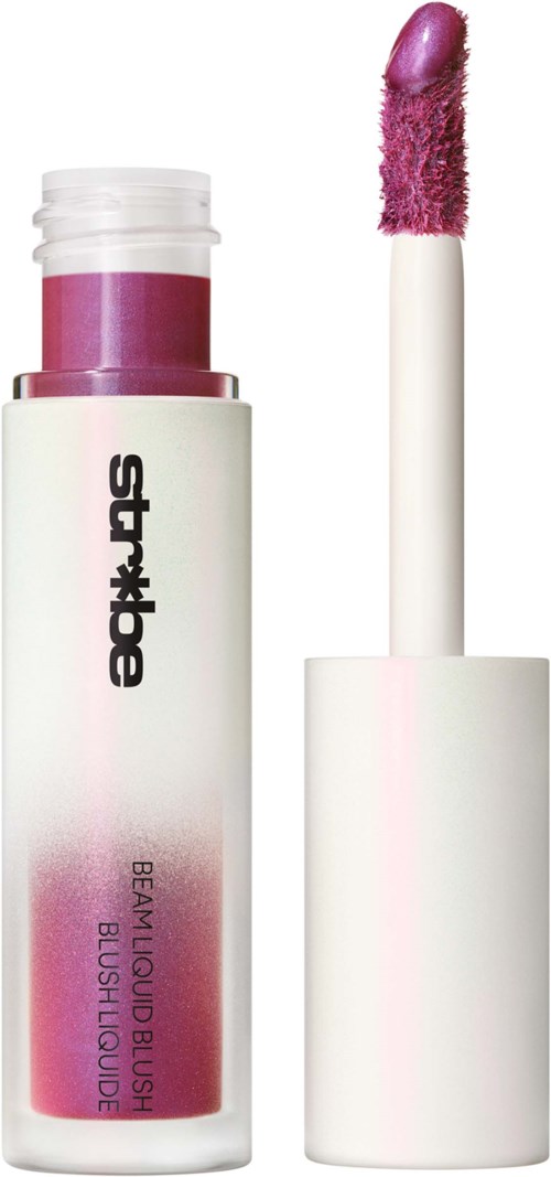 Lip gloss container with a pinkish purple lip gloss applicator brush.