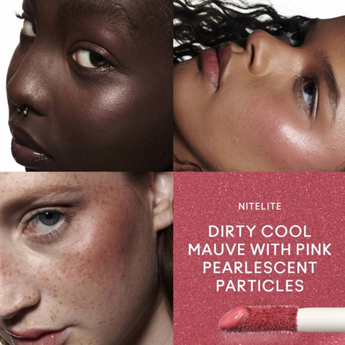 Three women with different skin tones and a makeup product called Nitelite in pink shade.