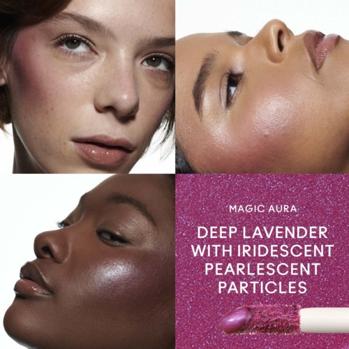 Features models with glowing skin, showcasing skincare effects and a product labeled "Deep Lavender with Iridescent Pearlescent Particles."