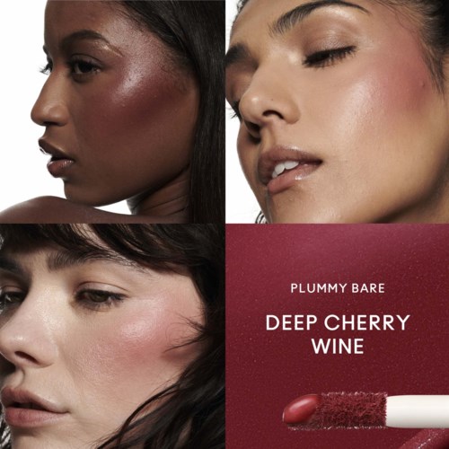 Three women with different skin tones, close-up faces showing makeup, and a deep cherry wine lip gloss. A lipstick product and a text.