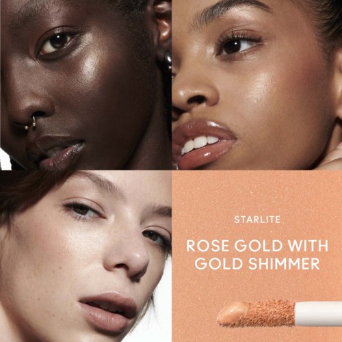 Showcases diverse women with glowing skin and a makeup product for rose gold with gold shimmer.