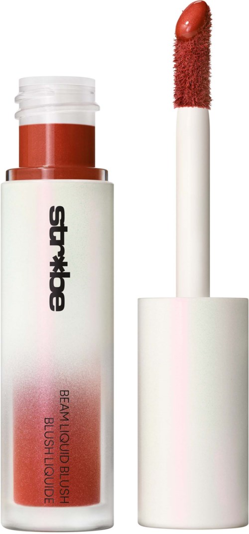 Lip gloss with a white tube and an orange shade, open to reveal the applicator with red lipstick.