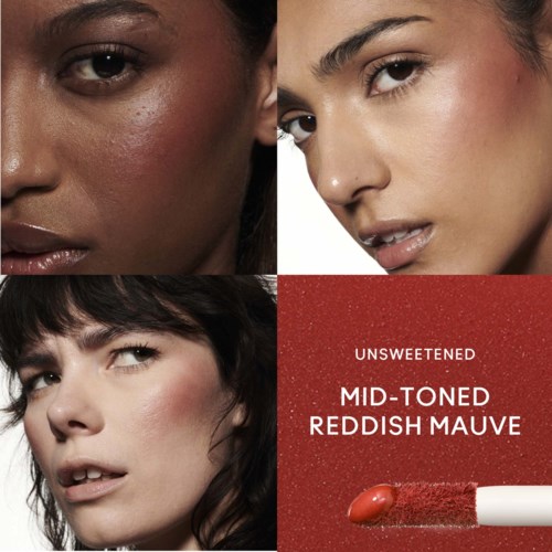 Five women with different skin tones and textures, showing before and after makeup effects, with a red lipstick tube image.