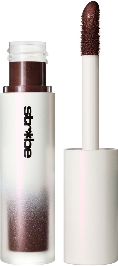 A lip gloss with a dark brown color and a white tube and cap.