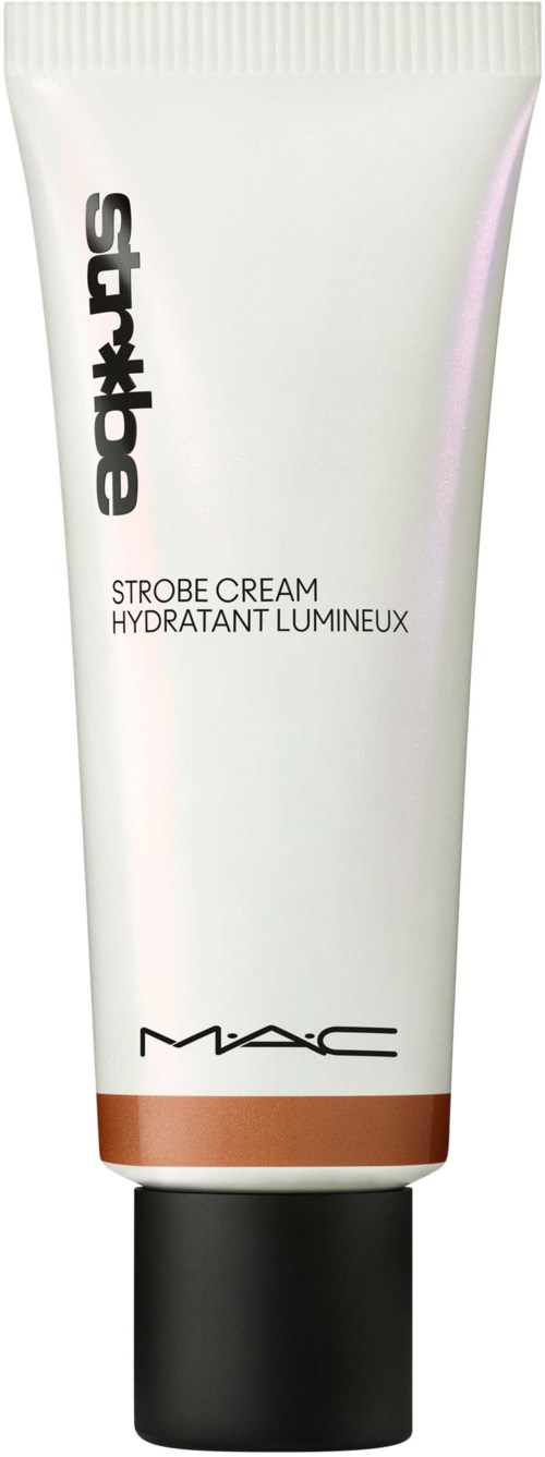 A white tube labeled 'Strobe Cream' by MAC, used for skin glow, with a black cap.