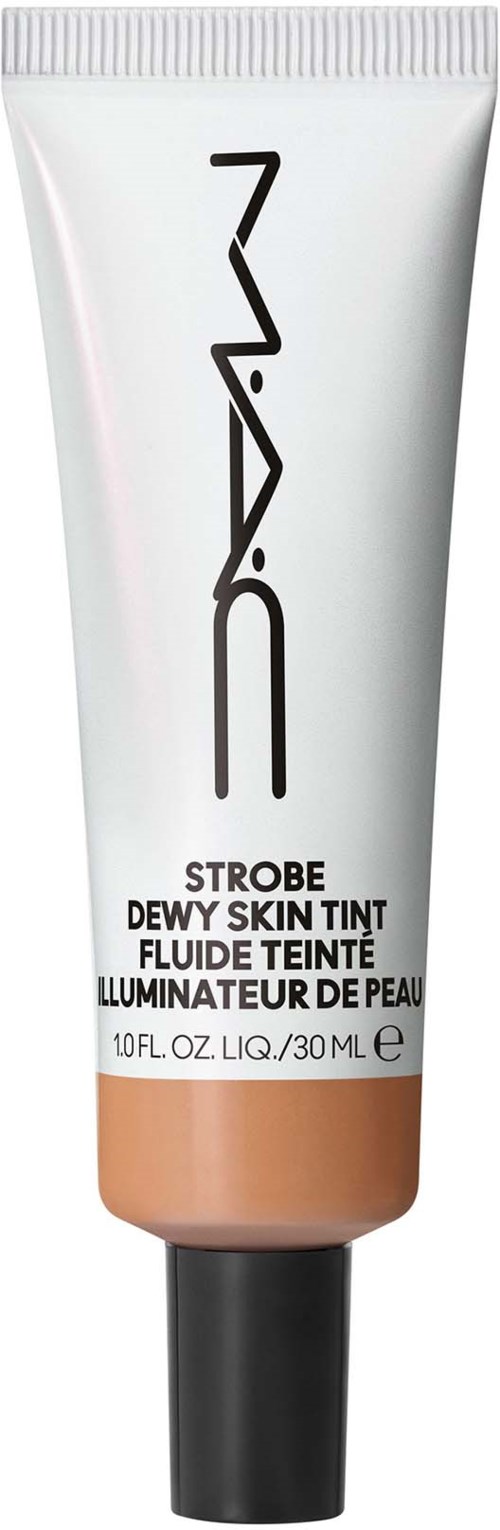 NARS Strobe Dewy Skin Tint i tub med vit färg, svart logotyp, beige produkt inuti och svart lock.