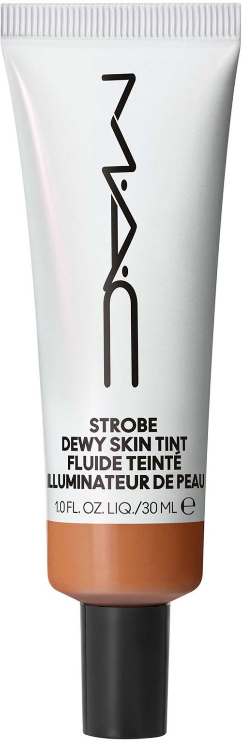 A tube of MAC strobe dewy skin tint, with a black cap and white body, showing product name and details.
