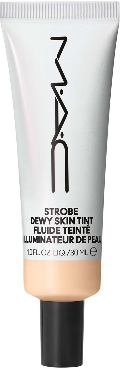 A tube of MAC Strobe Dewy Skin Tint with a beige-colored bottom and black cap.