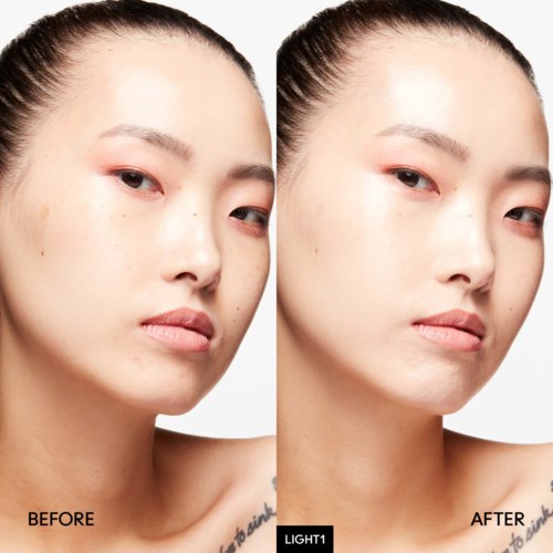 A woman with clear skin, showing a side-by-side comparison before and after skin treatment or editing. Minimal makeup.