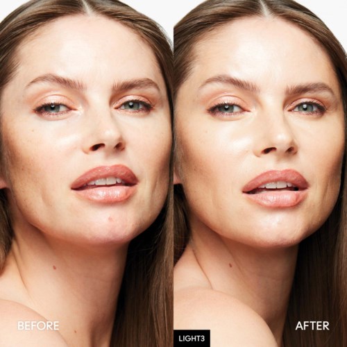 A woman shows a change in facial skin before and after a skin treatment, with smoother and clearer skin in the after photo.