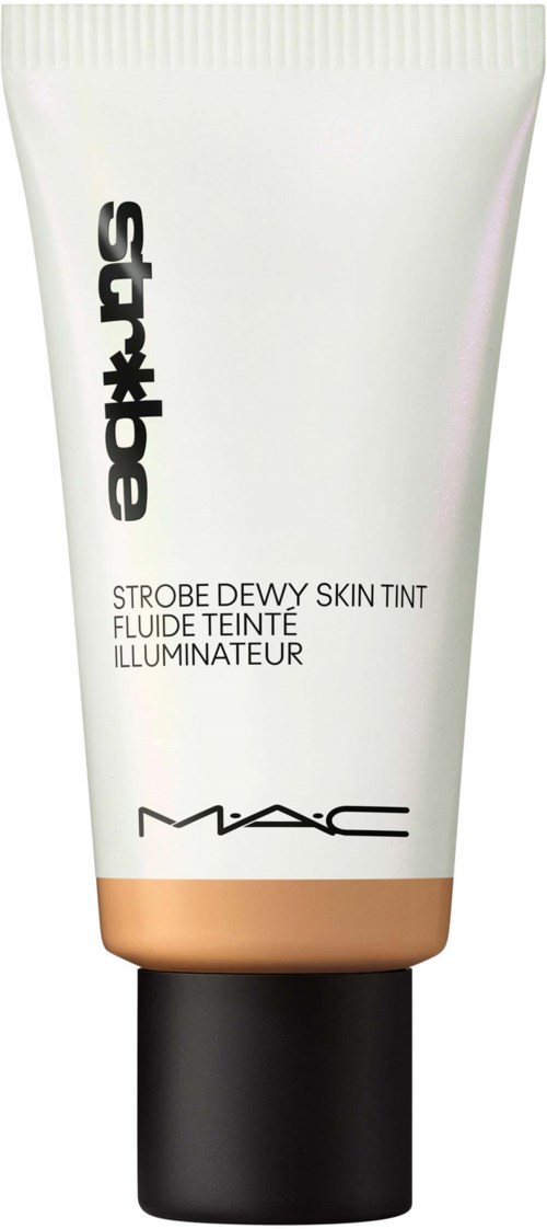 White tube with black cap, labeled MAC Strobe Dewy Skin Tint, includes product name and description.