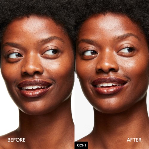 Two photos show a woman with dark skin before and after skincare, highlighting a brighter, clearer complexion and smoother skin.