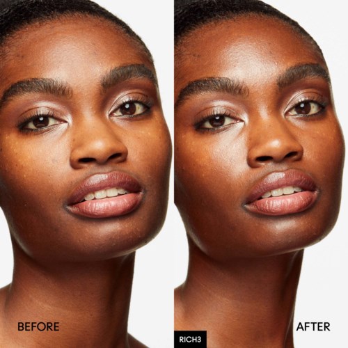 A woman with smooth skin, full lips, and defined eyebrows looks confident. The image contrasts her appearance before and after skincare.