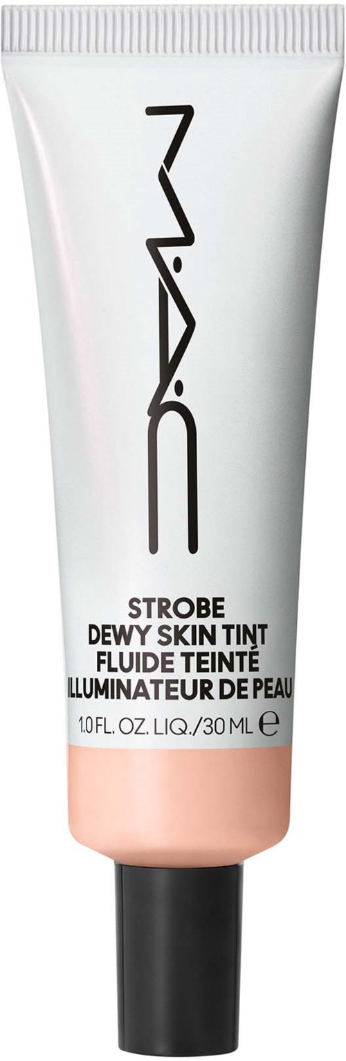 A tube of MAC Strobe Dewy Skin Tint with a beige color at the bottom and black cap.