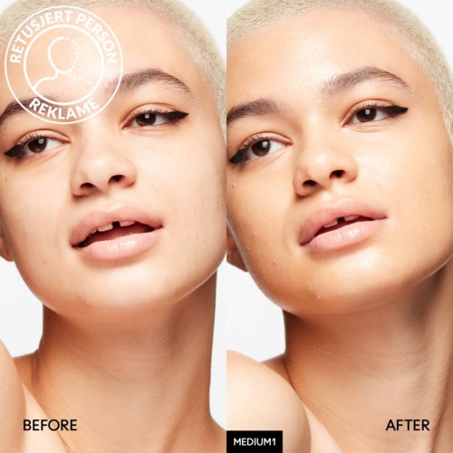 A side-by-side comparison of a woman's face before and after skincare, showing smoother skin and improved appearance.