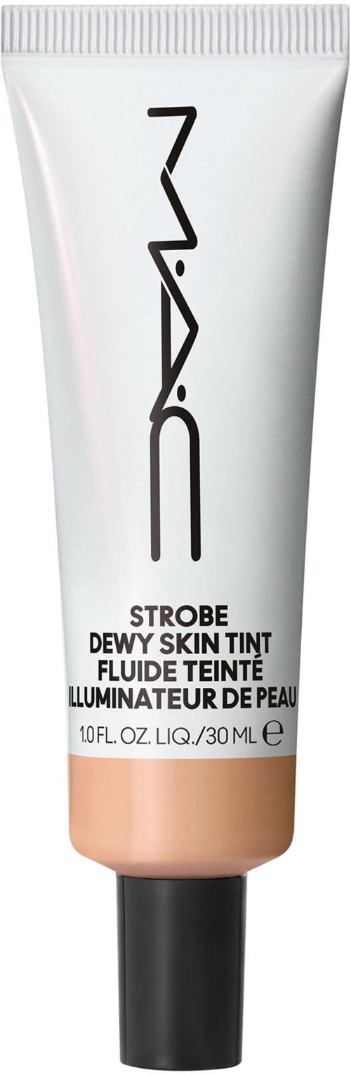 A tube of NARS Strobe Dewy Skin Tint with a black cap, white background, and product name on the front.