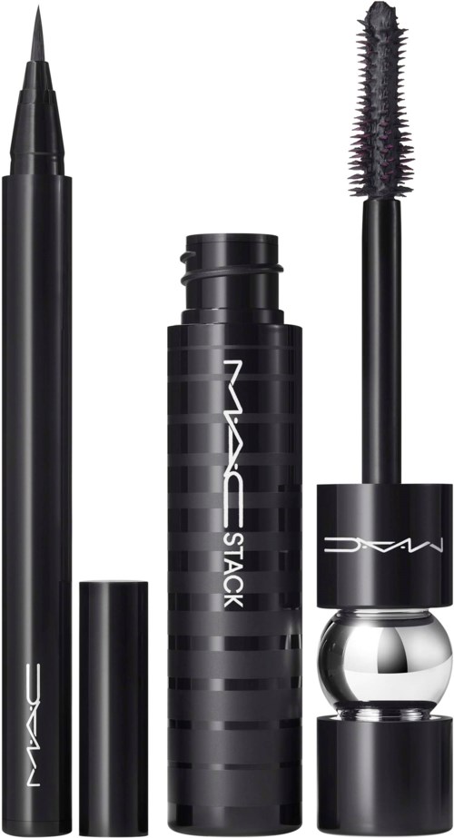 A makeup set with a pen, a container, and a mascara wand in black and silver.