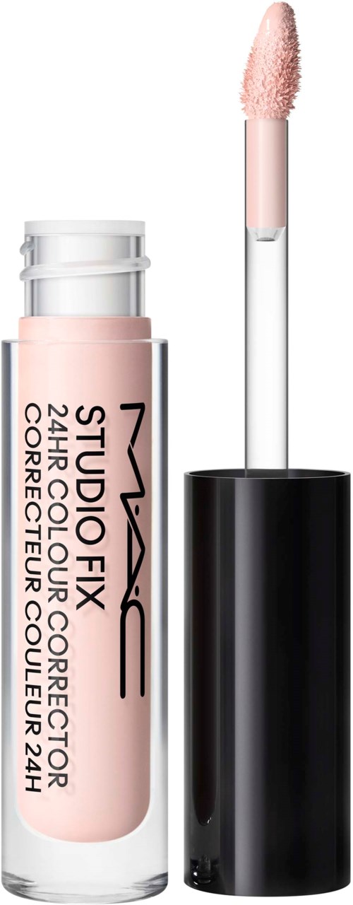 Lippenrougebottle mit schwarzem Deckel und Applikatorspachtel. Das Etikett zeigt, dass es MAC Studio Fix 24-Stunden Farbkorrigierer ist.
