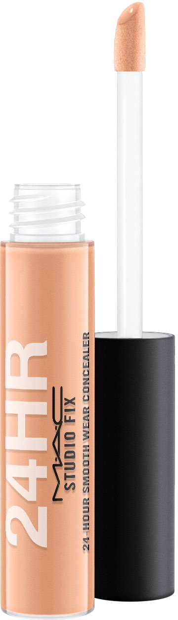 Ett läppglansrör med beige färg, vit applikator och svart lock, märkt "24HR Studio Fix Liquid".