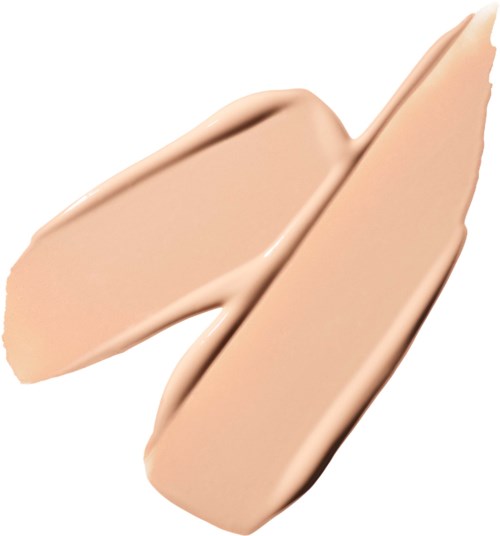 Two swipes of light beige makeup foundation on a white background.