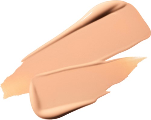 A beige liquid foundation with a smooth, creamy texture and coverage swatched on a white background.