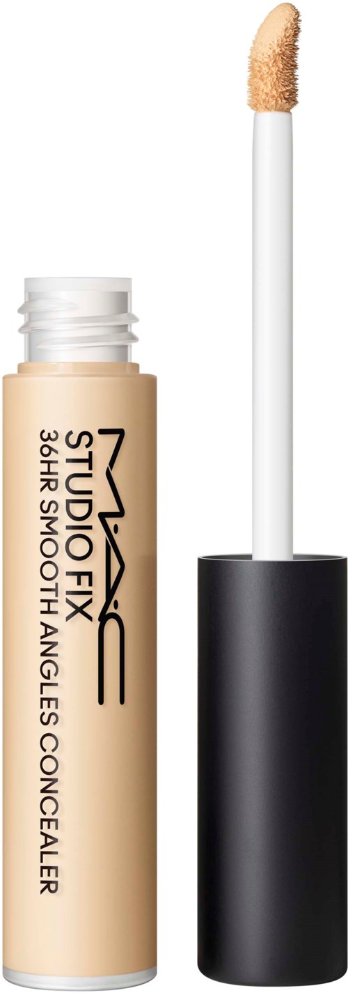 Concealer with a wand applicator, beige color, label reads MAC Studio Fix, Short Shot, and Angles Concealer.
