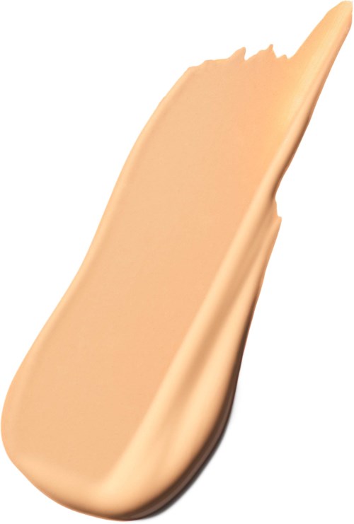 A beige bottle with a cap, tilted to one side, with a smooth, rounded design.