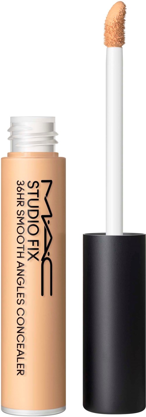 A beige concealer stick with a black cap and an attached applicator wand.