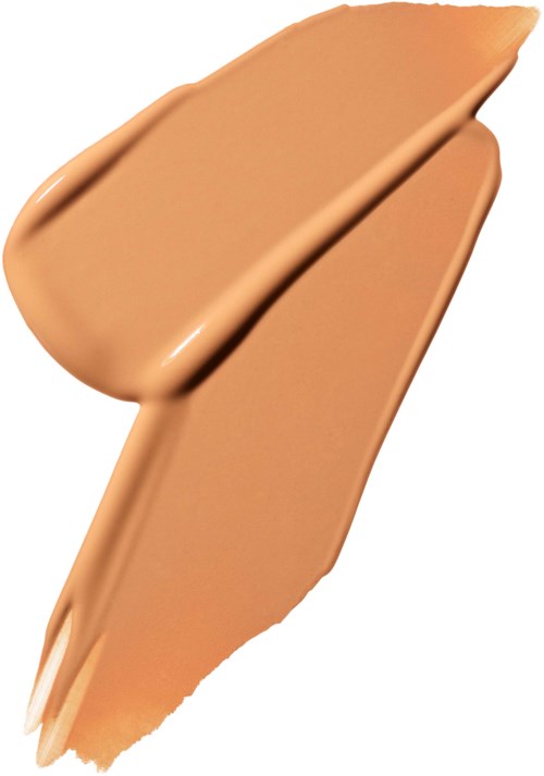 A beige liquid foundation smear with a slight glossy finish, showing a smooth texture and curved strokes.