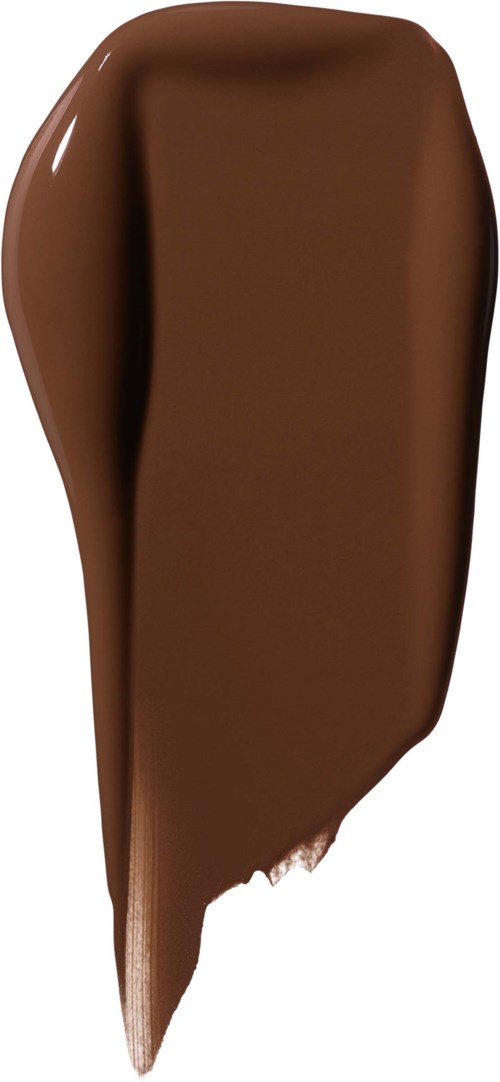 A blob of brown liquid, smooth and glossy, with some slight streaks and a tapered end.