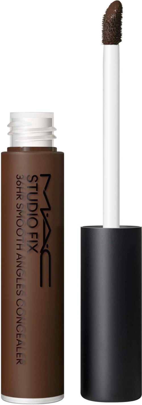 A MAC liquid lipstick in a brown shade with the applicator next to the open tube.