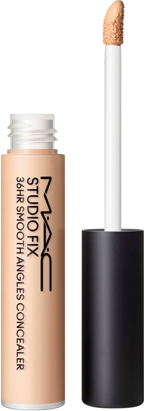 A tube of MAC Studio Fix Short Shot Keep 10 Hour Angles Concealer with wand applied, beige liquid inside.