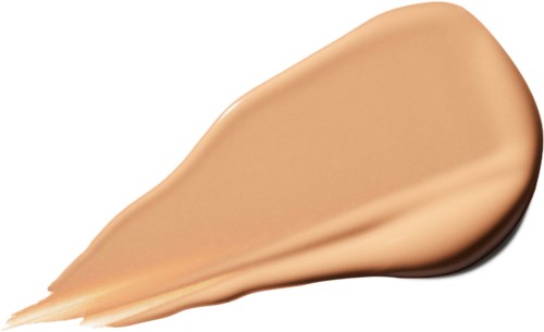 A beige creamy liquid spread in a teardrop shape with smooth surface and rounded edges.