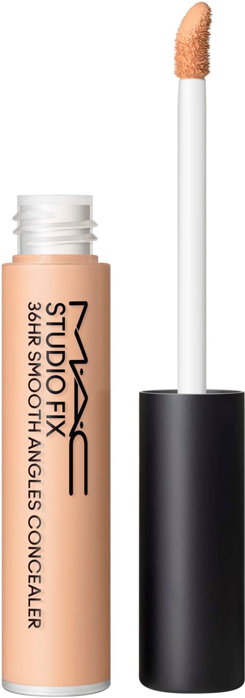 A beige lip concealer with a sponge tip applicator on a black tube, labeled MAC Studio Fix, Short Shot.