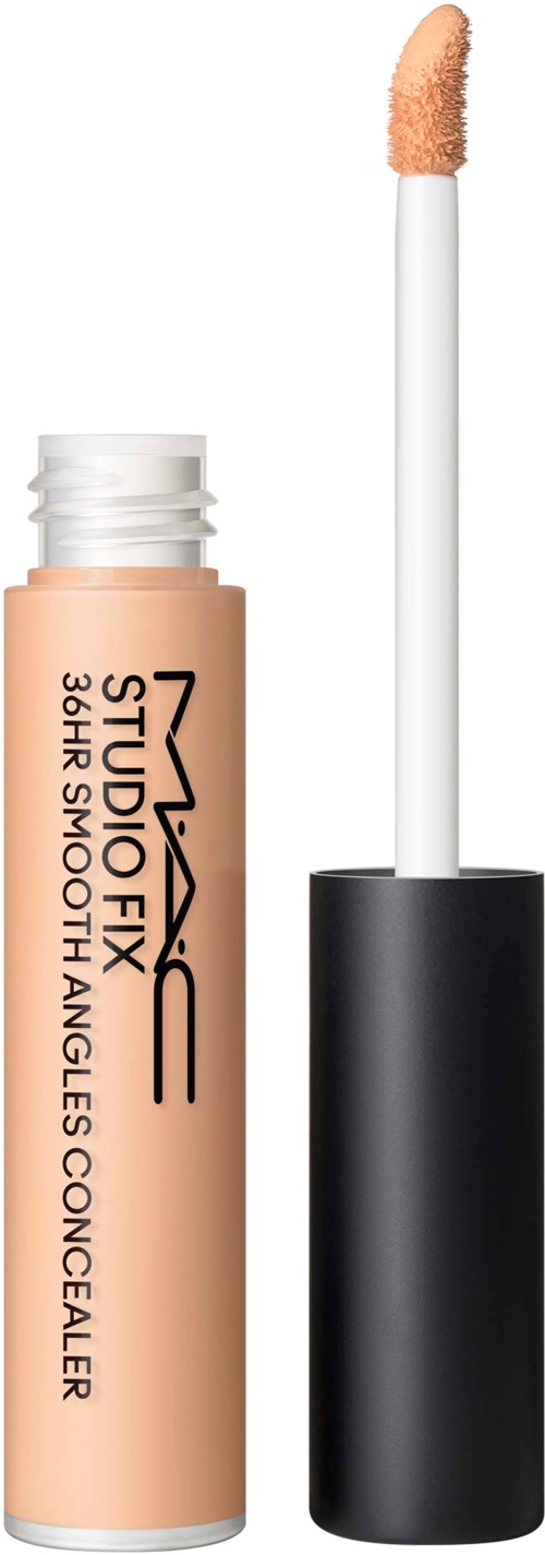 A beige concealer tube with a black cap and a long applicator wand.