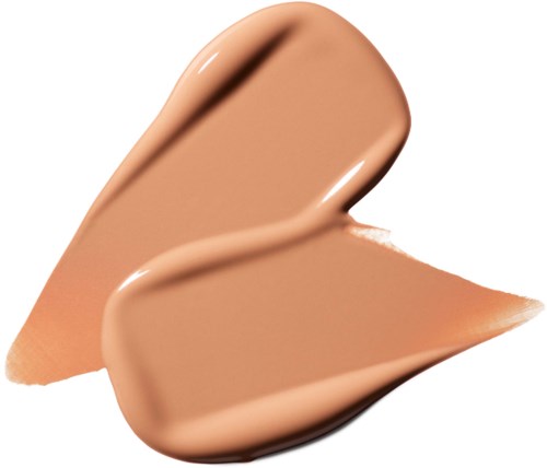 A swirl of beige liquid makeup or foundation on a white background.