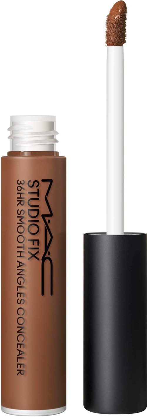 A bottle of MAC liquid concealer with its wand applicator. The concealer is a skin-tone shade.