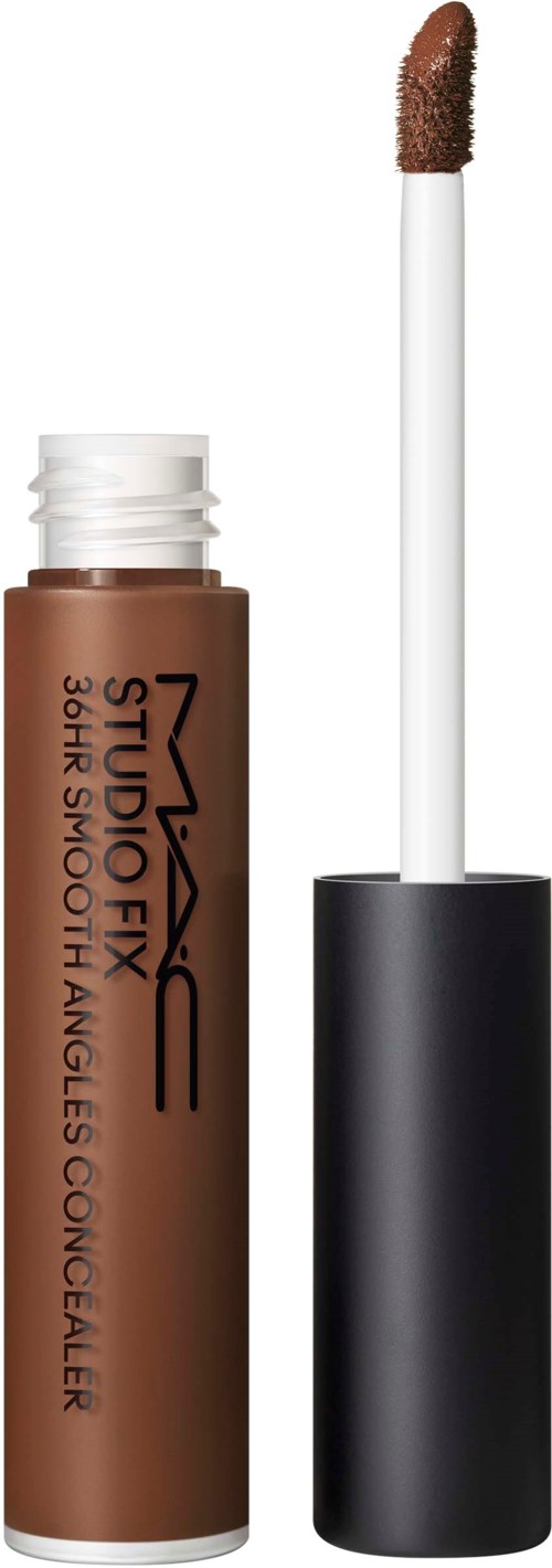 Lip gloss tube with a wand applicator, containing a brownish color. The brand is MAC with 'Studio Fix' label.