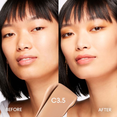 A woman shown before and after makeup application, with clear skin and subtle changes in her look.
