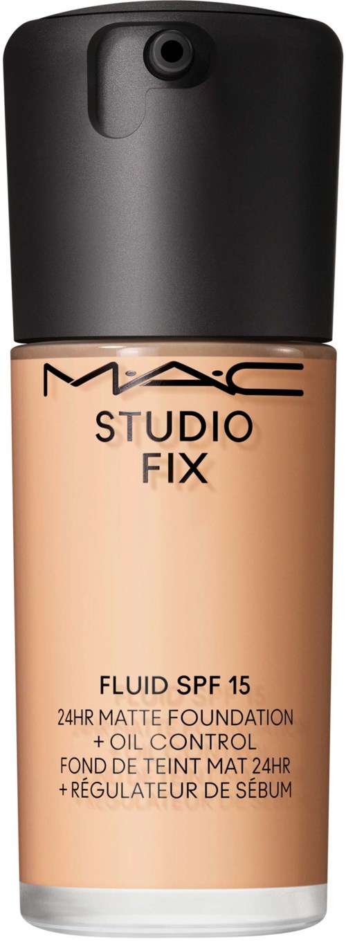 A bottle of MAC Studio Fix liquid foundation with SPF 15 and oil control, designed for matte finish makeup.